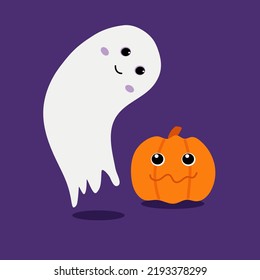 The ghost leaned over the pumpkin. Halloween holiday characters.