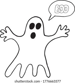 Ghost and lettering boo in a bubble. Hand drawn in doodle style. vector, scandinavian, monochrome. single element for design, sticker, card, poster, invitation. halloween decor