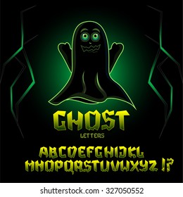 Ghost Letters, Mystical Font, Vector Alphabet Letters With Scary Ghost At Night Art.