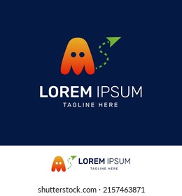 Ghost logo with gps icon. With orange and green gradients.