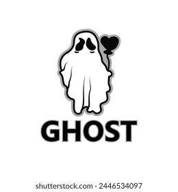 Ghost logo, icon. Ghost holding a love balloon isolated on color background. Vector illustration 