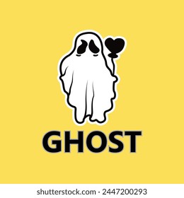 Ghost logo, icon. Ghost holding a love balloon isolated on color background. Vector illustration 