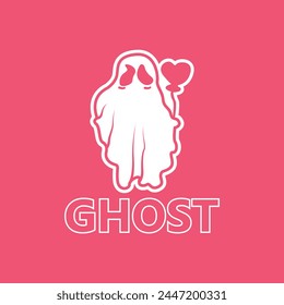 Ghost logo, icon. Ghost holding a love balloon isolated on color background. Vector illustration 