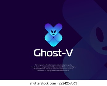 ghost logo V letter combination, with bright blue gradation style art