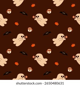 Ghost and lollipop cartoon so cute. On pumpkin bat coffee cup background. Welcome Halloween. Pattern seamless vector illustration. 