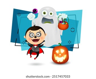 Fantasma com pirulito e caldeirão com doces. Menino em traje de Drácula e lanterna de abóbora nas proximidades. Conceito de Halloween. Ilustração vetorial para convites, cartazes ou banners