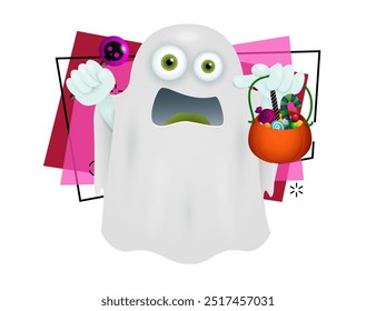 Ghost with lollipop and cauldron with sweets. Halloween concept. Invitation or banner design. Vector illustration can be used for poster or flyer