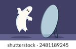 
Ghost Looking in the Mirror Not Seeing Reflection Vector Cartoon. Strange apparition not reflecting her image on Halloween 
