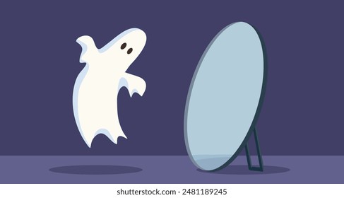 
Fantasma Mirando en el Espejo No Viendo Reflejo Vector de dibujos animados. Extraña aparición que no refleja su Imagen en Halloween 
