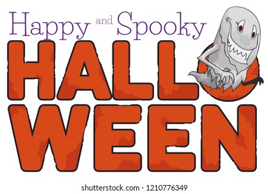 Ghost with macabre smile and ragged robes in a commemorative corroded sign with greeting for Halloween celebration.