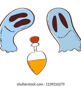 A Ghost with a magic potion. Elements of Halloween. Illustration with magic symbol for love invitation, card and print on t-shirt. Design cute wizard skull, love drink and battle potion.