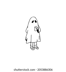 Ghost makes selfie. Hand drawn sketch. Halloween Ghost doodle. Vector