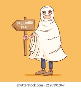 ghost man hold sign board of halloween party