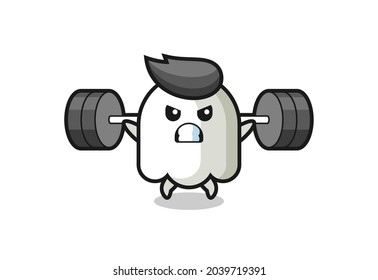 ghost mascot cartoon with a barbell , cute style design for t shirt, sticker, logo element