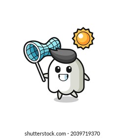 ghost mascot illustration is catching butterfly , cute style design for t shirt, sticker, logo element