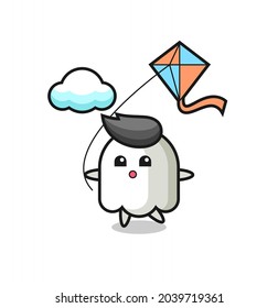 ghost mascot illustration is playing kite , cute style design for t shirt, sticker, logo element