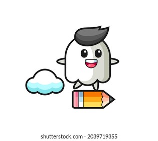 ghost mascot illustration riding on a giant pencil , cute style design for t shirt, sticker, logo element