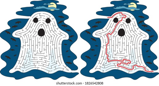 Ghost maze for kids with a solution