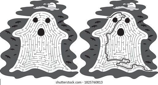 Ghost maze for kids with a solution in black and white