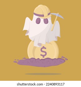 Ghost Miner Character Sits on Coin Illustration