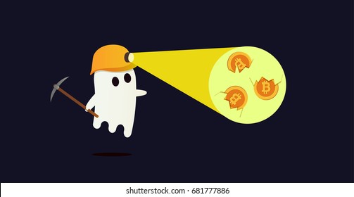 Ghost mining for cryptocurrency has found Bitcoins with his flashlight and is ready to mine it with a pickaxe. Vector concept for mining bitcoin cryptocurrency