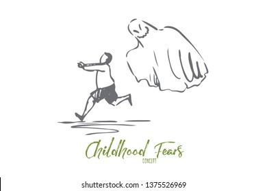 Ghost, monster, boy, fear, scary concept. Hand drawn boy runs from flying ghost concept sketch. Isolated vector illustration.