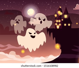 ghost with moon in scene of halloween