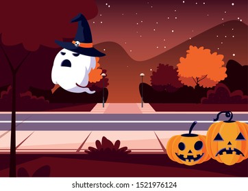 ghost with moon in scene of halloween vector illustration design