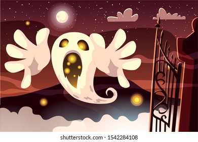 ghost with moon in scene of halloween vector illustration design