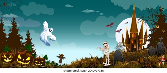 Ghost, mummy and pumpkins against the background of the forest, castle and night sky. Cemetery with monuments. Bats in the sky. Night. Full moon. Halloween eve scene.