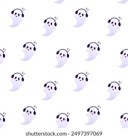 Ghost with music in headphones vector seamless pattern. Packaging design, wrapping paper, background
