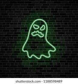 ghost neon glow sign on dark brick wall background. vector illustration for halloween or day of the dead