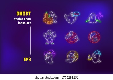 Ghost neon signs set. Halloween pumpkins, cemetery, spooky character, celebration. Night bright advertising. Vector illustration in neon style for festive banners, posters, party flyers design