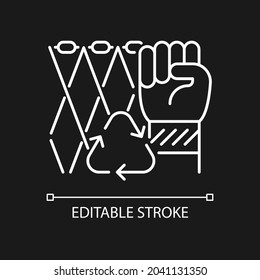 Ghost net bracelets white linear icon for dark theme. Recycling salvaged fishing nets. Thin line customizable illustration. Isolated vector contour symbol for night mode. Editable stroke