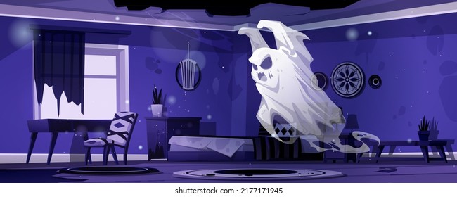 Ghost in night abandoned bedroom. Scary spook cartoon Halloween character, fantasy monster, spooky spirit personages say boo. Horror, phantom creature in old haunted house, Vector illustration