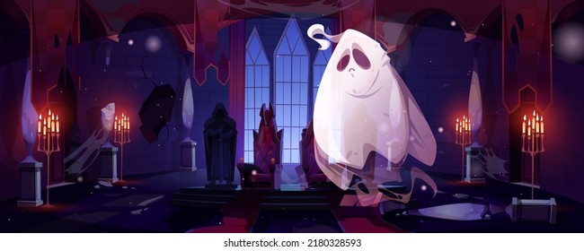 Ghost in night abandoned castle hall with thrones. Funny spook cartoon Halloween character, fantasy monster, spooky spirit personage with sad face in old haunted palace interior, Vector illustration