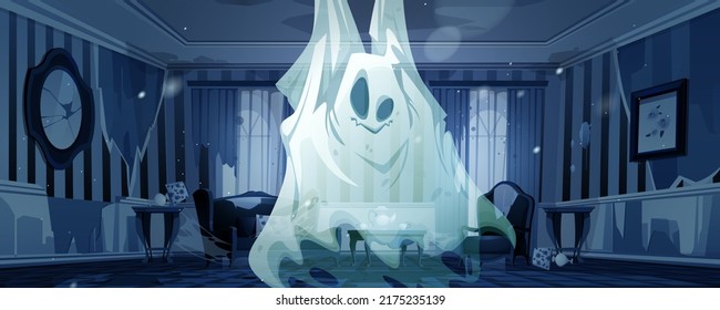 Ghost In Night Abandoned Living Room. Funny Spook Cartoon Halloween Character, Fantasy Monster, Spooky Spirit Personages Say Boo. Horror, Phantom Creature In Old Haunted House, Vector Illustration