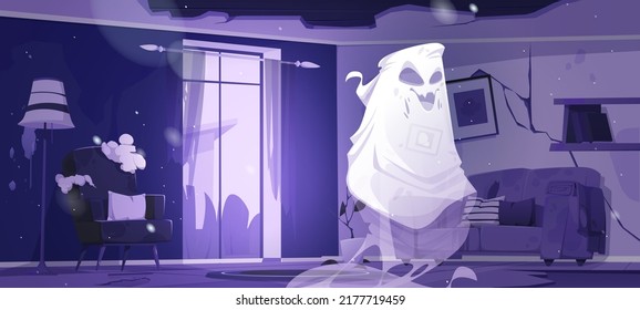 Ghost in night abandoned living room. Funny spook cartoon Halloween character, fantasy monster, spooky spirit personages say boo. Horror, phantom creature in old haunted house, Vector illustration