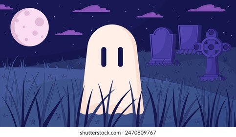 Ghost at night cemetery lofi wallpaper. Halloween theme. Cute spirit floating at full moon 2D cartoon flat illustration. Life after death chill vector art, lo fi aesthetic colorful background