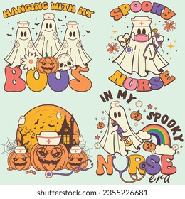 Ghost Nurse Boo Spooky Nurses Halloween Graphics Set for T-shirt Designs, Retro Vintage Phantoms