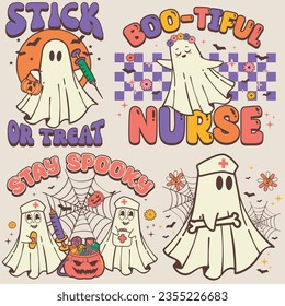 Ghost Nurse Boo Spooky Nurses Halloween Graphics Set for T-shirt Designs, Retro Vintage Phantoms