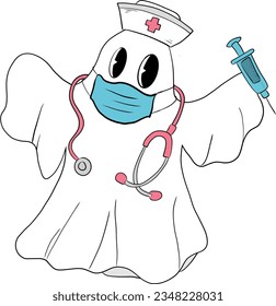 Ghost Nurse Halloween Groovy Spooky Illustration. Boo boo Crew