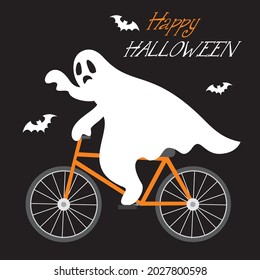 Ghost on bike illustration for halloween greeting card