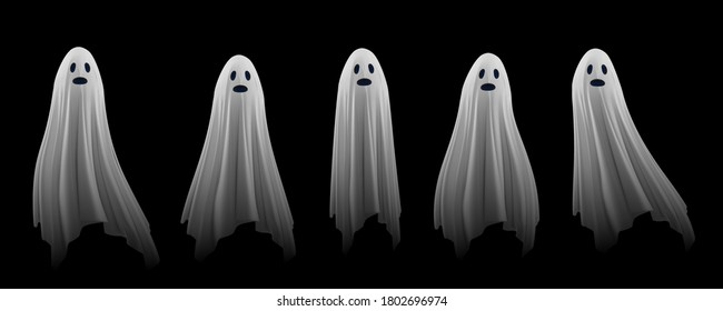 Ghost on a black background. An evil spirit with a covered sheet. Set of flying transparent spectres.  Vector EPS 10 