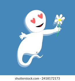 a ghost on a blue background with heart-shaped eyes and a flower in his hand