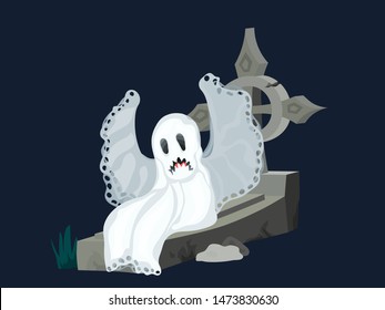 ghost on a grave with a cross crying dark background