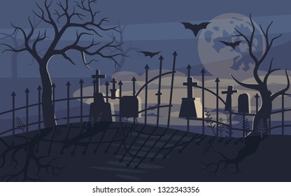 Ghost on Scary Halloween background with old cemetery and moonlit night. Flat Art Vector illustration