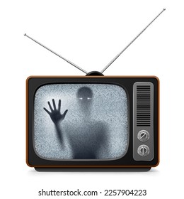 Ghost on the Screen Retro TV with Noise. Illustration for Design on White Background