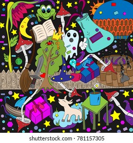 Ghost on the street. Vector illustration, drawn by hand, doodle