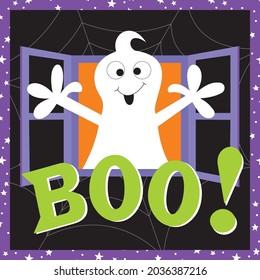 Ghost On The Window And Boo For Halloween Greeting Card